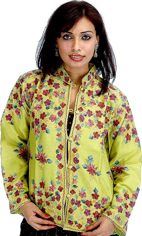 Pear-Green Kashmiri Jacket with Embroidered Flowers
