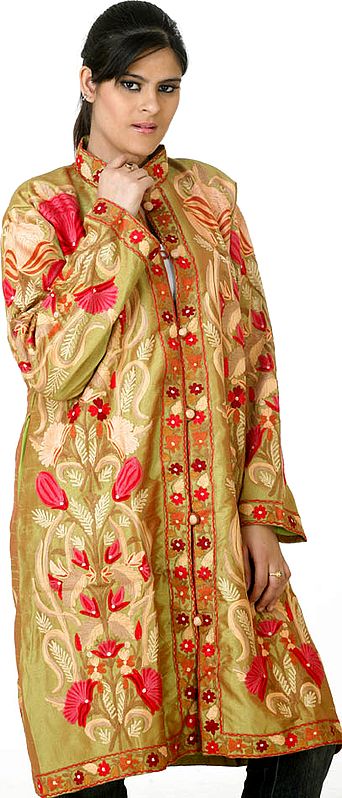 Pear-Green Long Silk Jacket with Crewel Embroidery All-Over