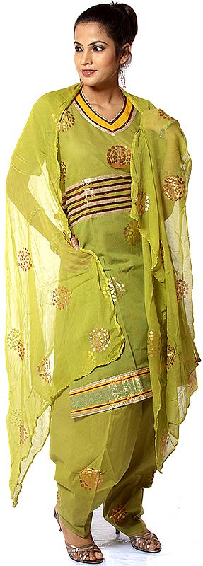 Pear-Green Salwar Kameez Fabric with Painted Bootis and Gota Work
