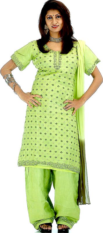 Pear-Green Salwar Kameez from with All Over Sequins and Thread Weave