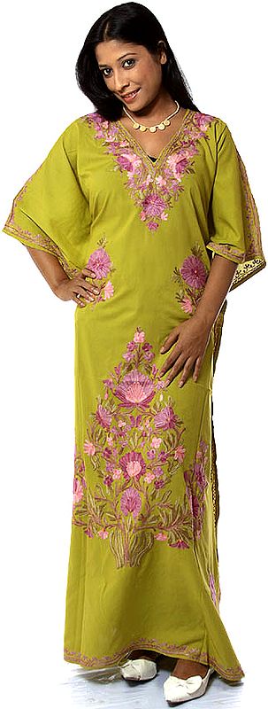 Pear-Green V-Neck Kaftan from Kashmir with Aari-Embroidered Flowers