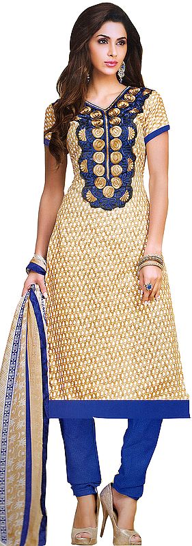 Pebble-Beige Kameez and Choodidaar Suit with Patch on Neck and Printed Bootis
