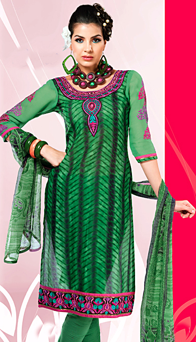 Peppermint-Green Batik Dyed Choodidaar Suit with  Crewel Embroidery