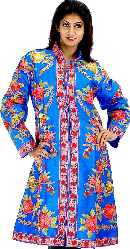 Persian Blue Long Silk Jacket with Floral Embroidery