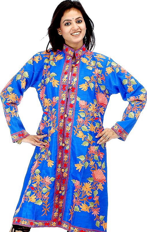Persian Blue Long Silk Jacket with Large Flowers