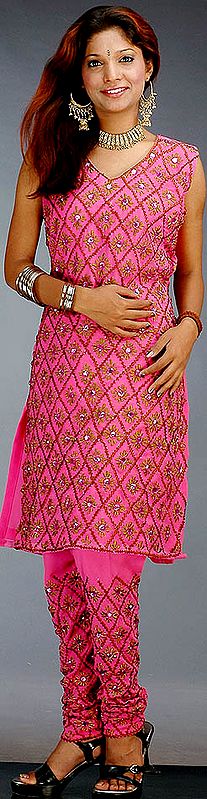 Persian Pink Choodidaar Two-Piece Suit with Crystals and Threadwork