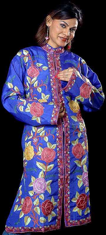 Persian-Blue Long Silk Jacket with Embroidered Roses