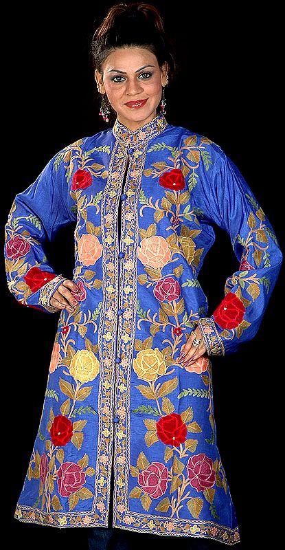 Persian-Blue Long Silk Jacket with Large Crewel-Embroidered Flowers