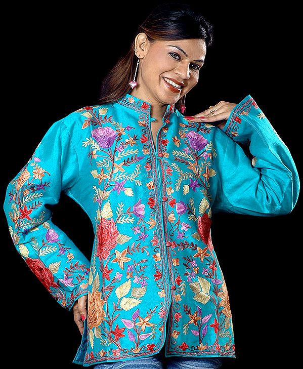 Persian-Green Jacket with Floral Embroidery All-Over