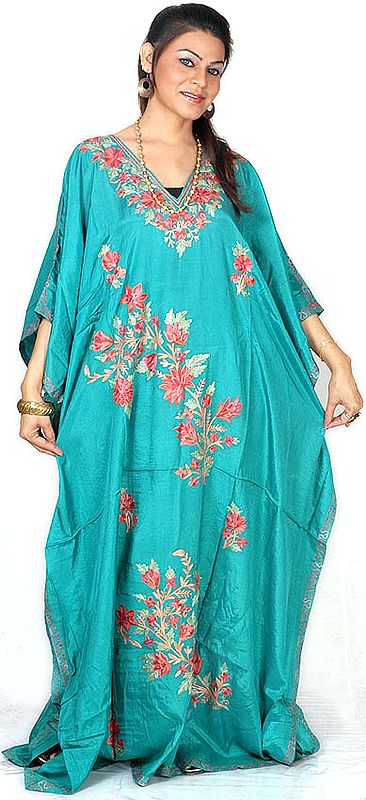 Persian-Green Kaftan from Kashmir with Crewel-Embroidered Flowers