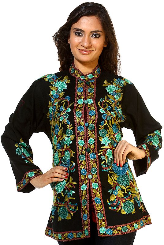 Phantom-Black Tusha Jacket with Aari Embroidery by Hand