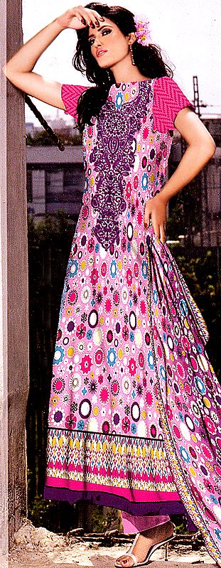 Phlox-Pink Lawn Salwar Suit From Pakistan with Printed Motifs