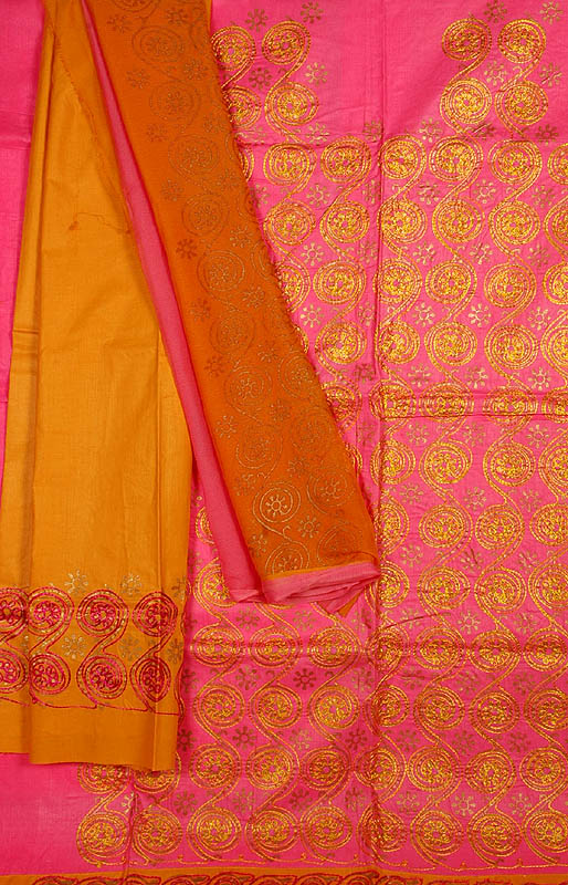 Pink and Amber Salwar Suit with Embroidered Flowers and Gold Paint