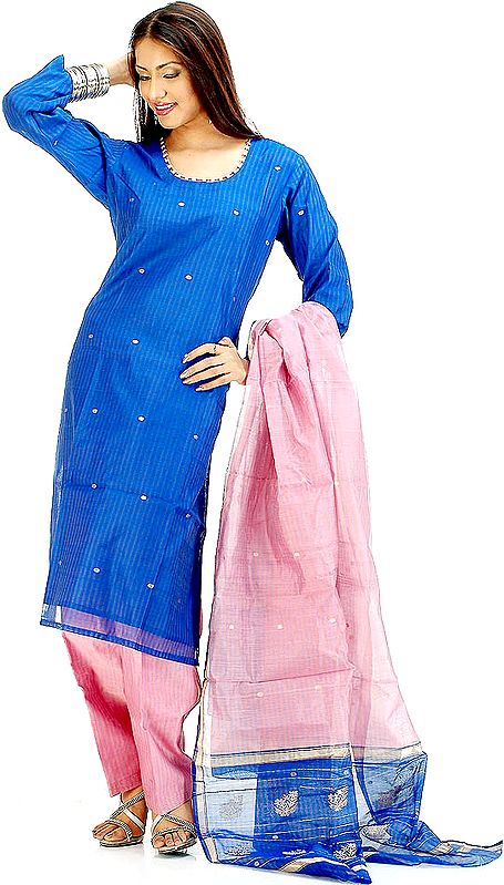 Pink and Blue Chanderi Suit with Golden Bootis
