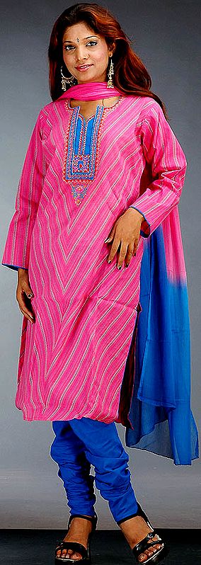 Pink and Blue Choodidaar Woven Suit with Embroidery