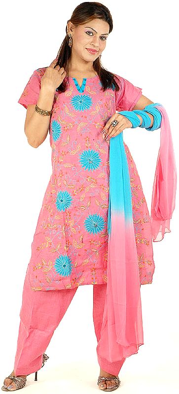 Pink and Blue Salwar Kameez Suit with Appliqué Work and Embroidery
