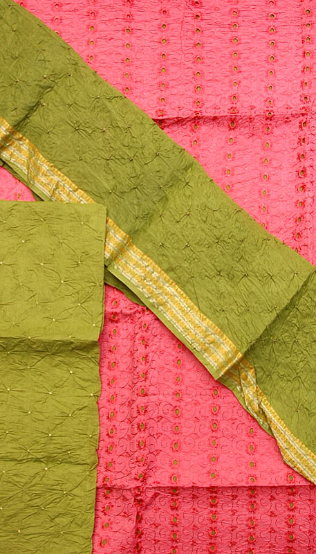Pink and Green Chikan Salwar Suit Fabric with Cut-Work
