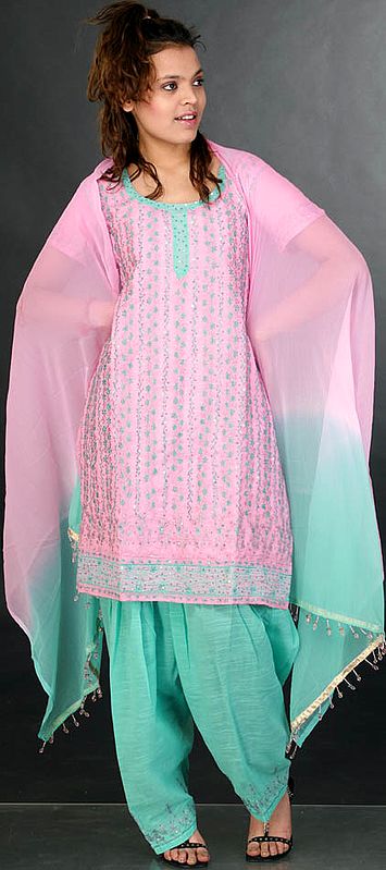 Pink and Green Salwar Kameez with Floral Embroidery and Sequins