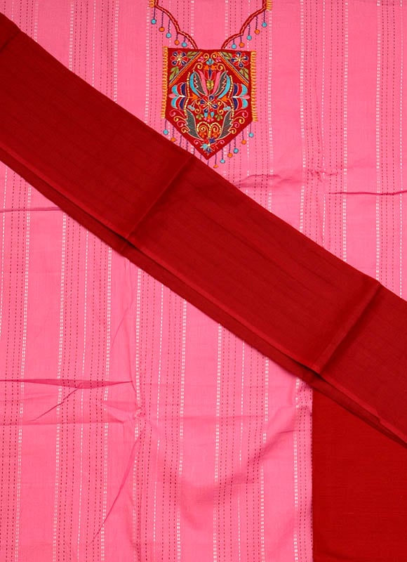 Pink and Maroon South-Cotton Suit with Embroidery on Neck