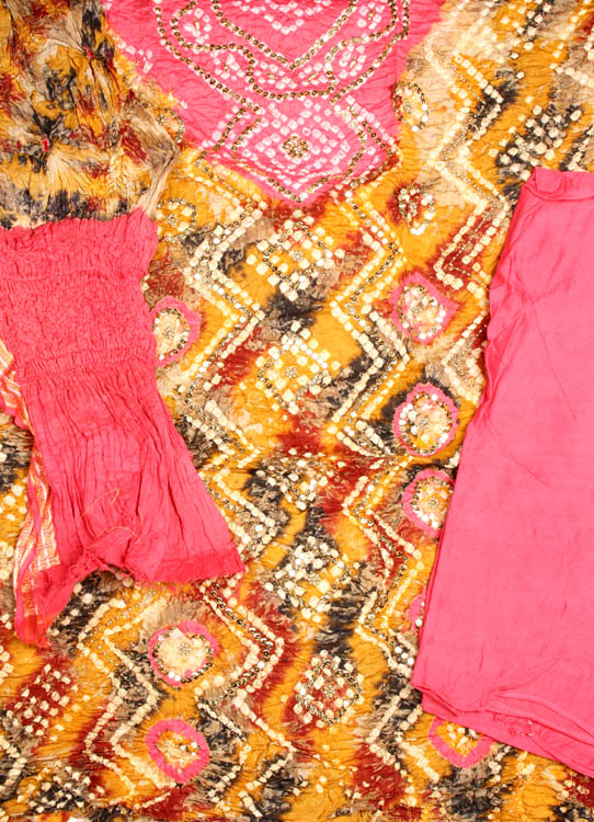 Pink and Mustard Bandhani Tie and Dye Suit with Beadwork and Sequins