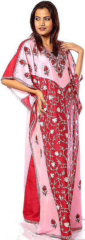 Pink and Red V-Neck Kaftan with Crewel Embroidery All-Over