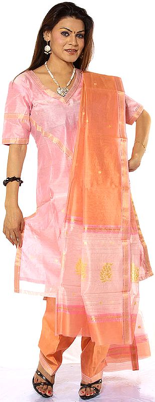 Pink and Salmon Chanderi Suit with Bootis Woven in Golden Thread