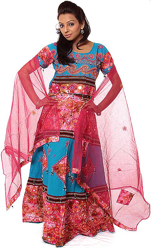 Pink and Turquoise Batik-Dyed Gypsy Chaniya Choli from Rajasthan with Large Sequins