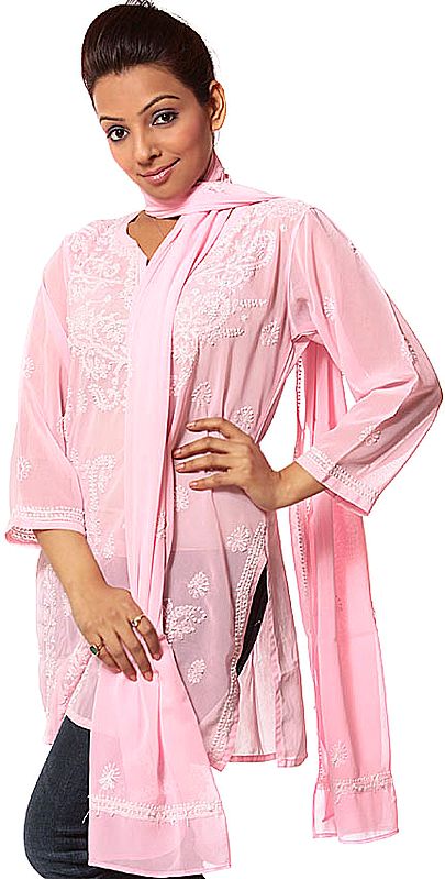 Pink Chikan Embroidered Kurti Top with Stole