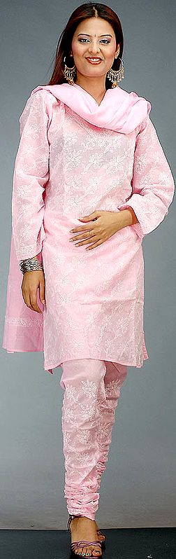 Pink Choodidaar Chikan Suit from Lucknow with Sequins