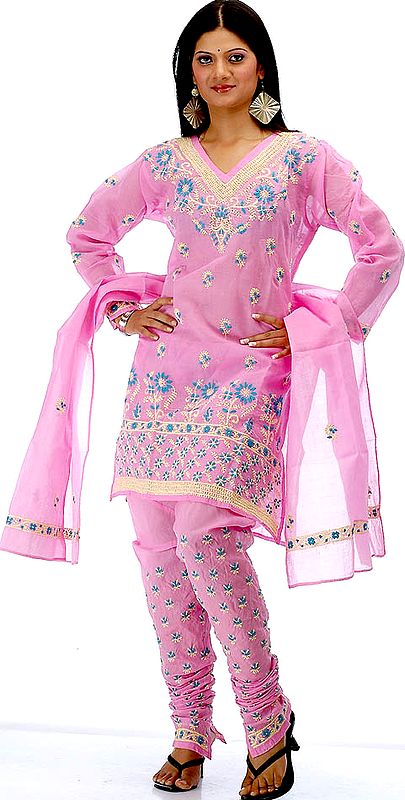 Pink Choodidaar Suit with All-Over Lukhnavi Chikan Embroidery