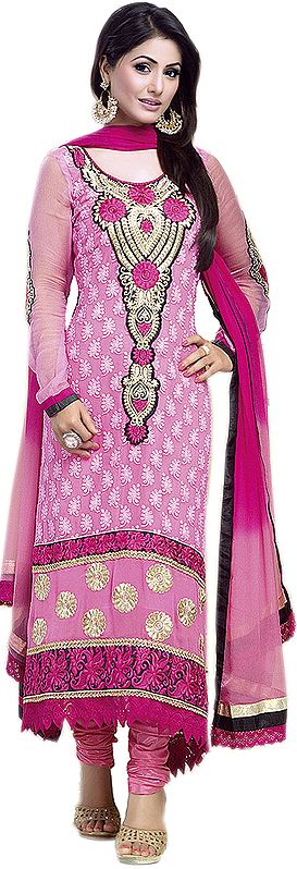 Pink Choodidaar Suit with Aari Embroidered Bootis and Patchwork