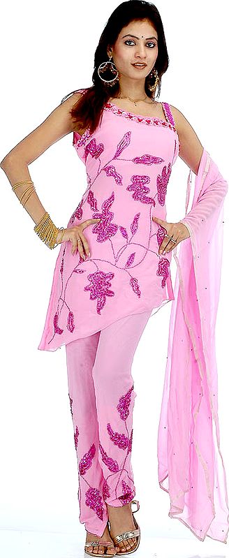 Pink Choodidaar Suit with Floral Embroidery and Sequins