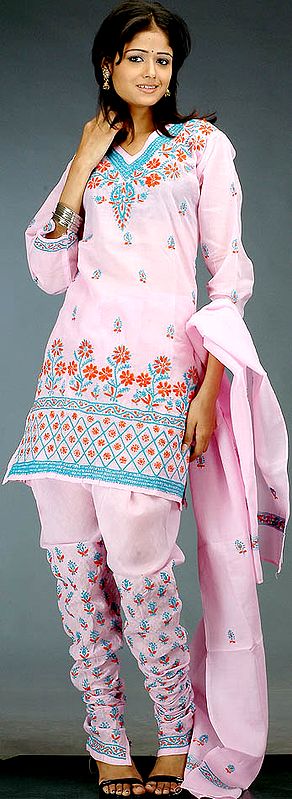 Pink Choodidaar Suit with Lukhnavi Floral Chikan Embroidery
