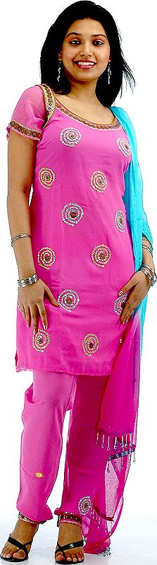 Pink Choodidaar Suit with Mirrors and Brass Beads