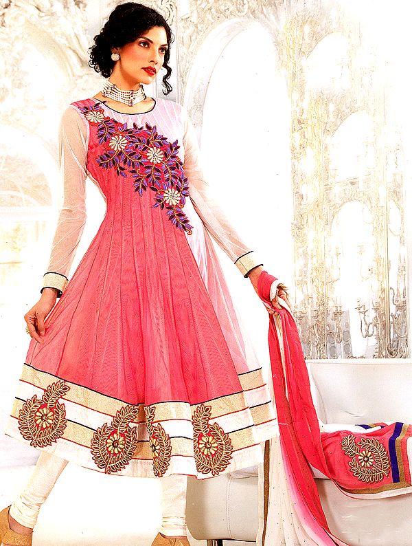 Pink Flared Kameez and Choodidaar Suit with Aari Embroidery Patched Bootis
