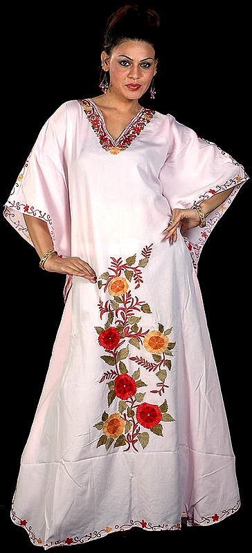 Pink Floral Kaftan with Multi-Colored Aari-Embroidery
