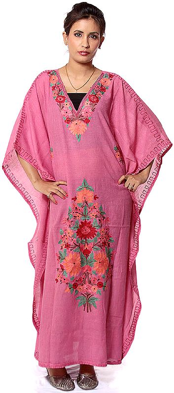 Pink Kaftan from Kashmir with Aari Embroidery