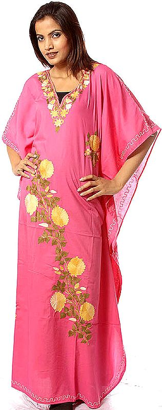 Pink Kaftan from Kashmir with Floral Aari Embroidery