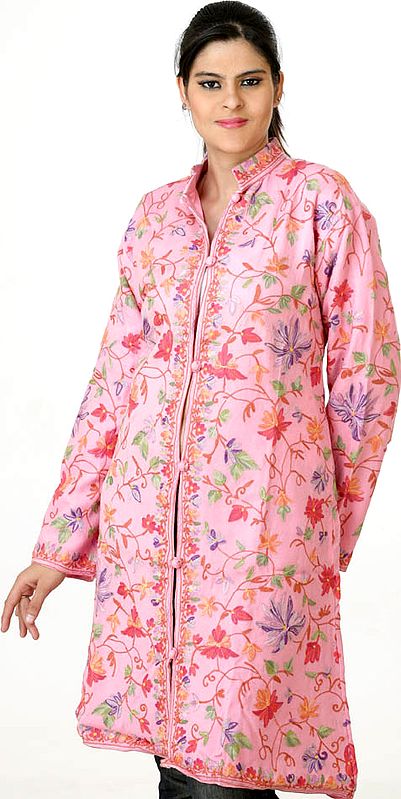 Pink Long Jacket with All-Over Multi-Color Embroidery