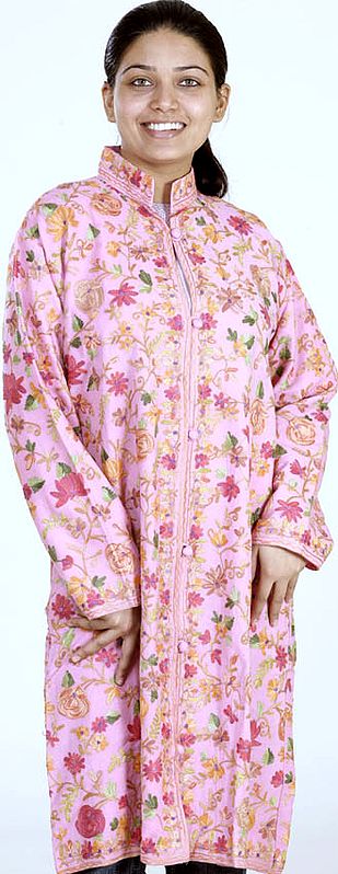 Pink Long Kashmiri Jacket with Floral Embroidery All-Over