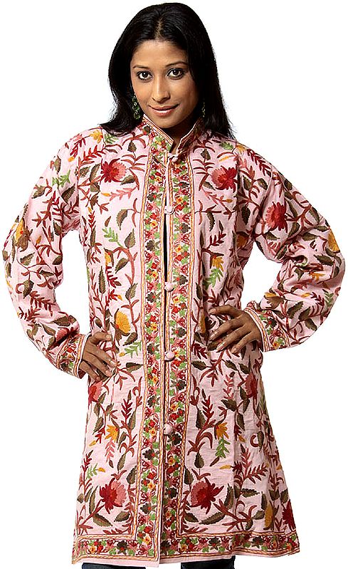 Pink Long Silk Jacket with Phulkari Embroidery