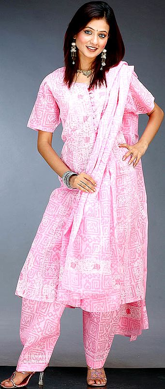 Pink Lukhnavi Chikan Suit with All-Over Embroidery