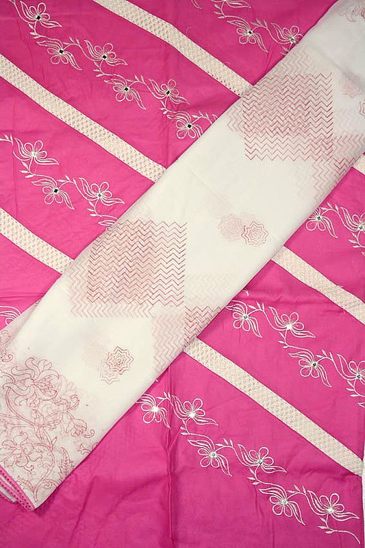 Pink Salwar Kameez Fabric with Embroidery in White Thread