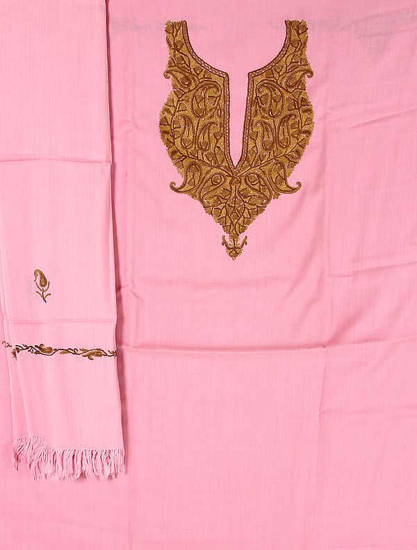Pink Salwar Kameez Suit Fabric and Stole from Kashmir with Aari Embroidery by Hand