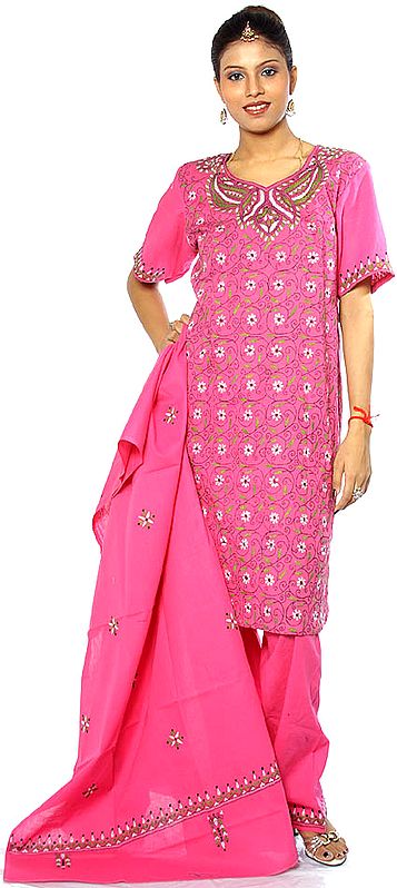 Pink Salwar Kameez with All-Over Kantha Stitch Embroidery by Hand