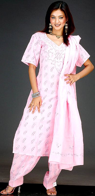 Pink Suit with All-Over Chikan Embroidery