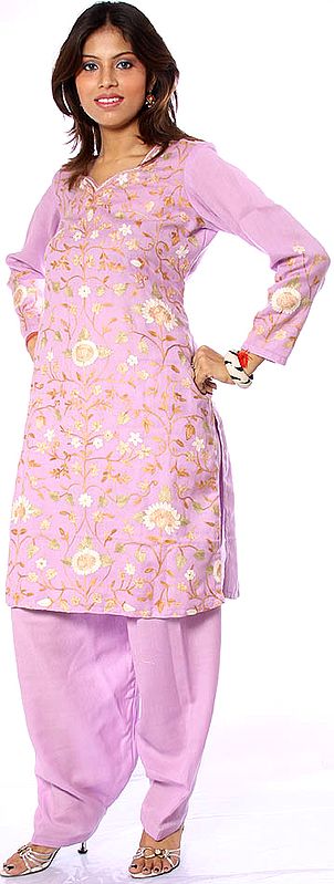 Pink Two-Piece Kashmiri Salwar Kameez with Aari Embroidered Flowers