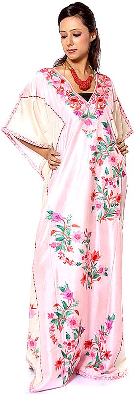 Pink V-Neck Kaftan with Aari Embroidered Flowers