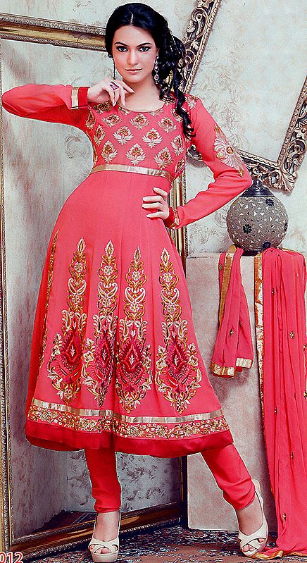 Pink-Flambe Wedding Anarkali Suit with Embroidered Paisleys in Metallic Thread