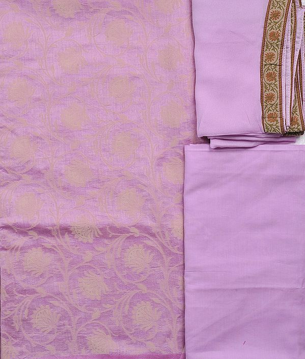 Pink-Lady Salwar Kameez Fabric with Flowers Woven in Self